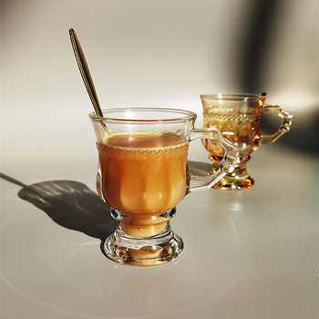 Ins Retro Glass Cup European Style Water Cup Tea Cup Amber Wine Glass with Handle Coffee Cup Whiskey Cup