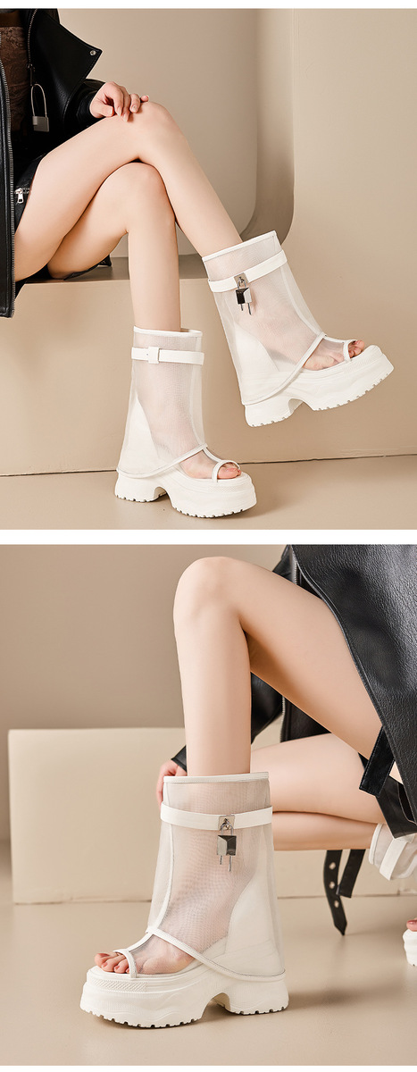 Boot nữ cổ trung lưới khoét hở phối da bò, đế dày tăng chiều cao — Đen có hình, màu đen, Màu nâu, Màu nâu có hình