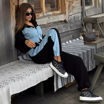 2025 Cross-Border European and American Style Fashion Casual Sweatshirt Suit Denim Splicing Hooded Top and Pants Two-Piece Set for Women