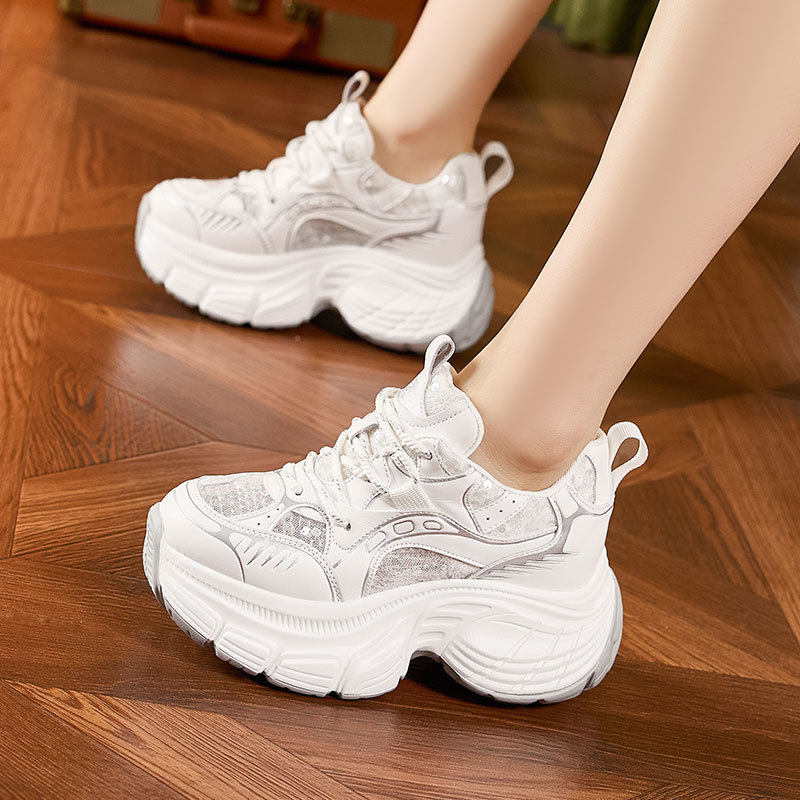 Dép sandal nữ quai chữ V đơn giản, đế wedge cao 8 cm, mũi tròn — Bạc, Trắng