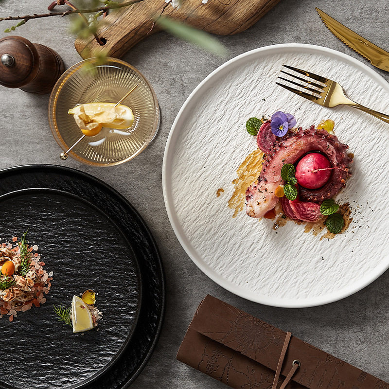Creative Rock Pattern Ceramic Japanese Style Dish White Home Salad Light Luxury Western Food Dish with Side Commercial Steak Plate