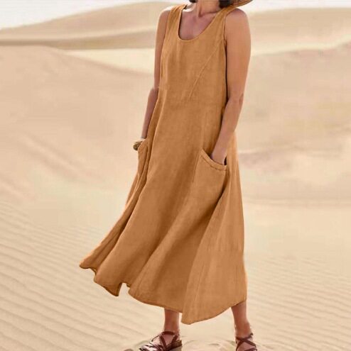 Summer Womens Cotton Linen Dress Sleeveless Round Neck Pocket Design Casual Wear for Everyday Use Wholesale