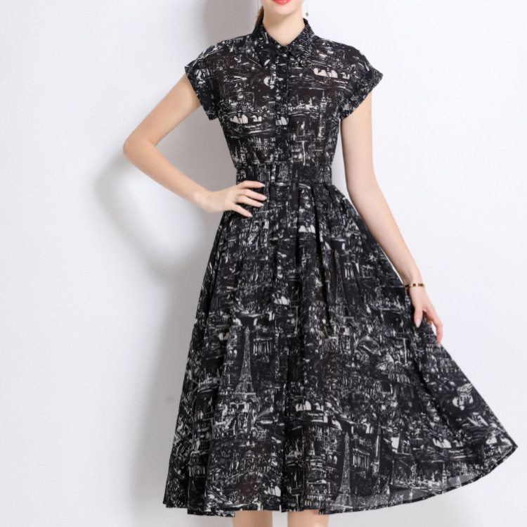 Vintage French Style Floral Short Sleeve Dress Waist Defining Flowy A Line Elegant for Summer Wholesale Available
