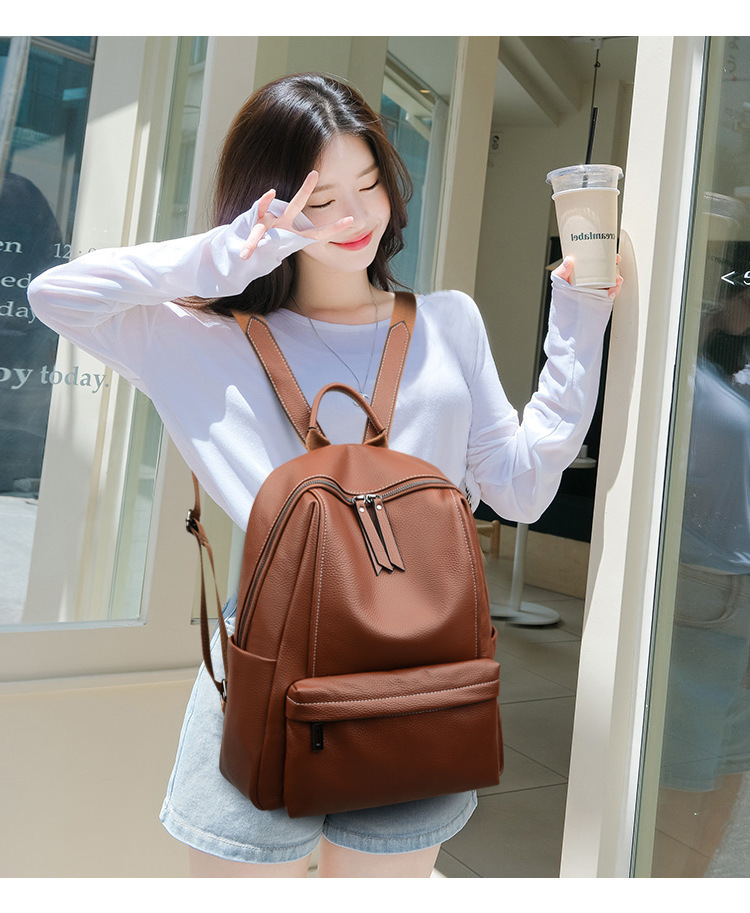 Ba lô nữ da bò thật cao cấp dáng mini đựng nhiều ngăn — màu đen, Màu nâu vàng