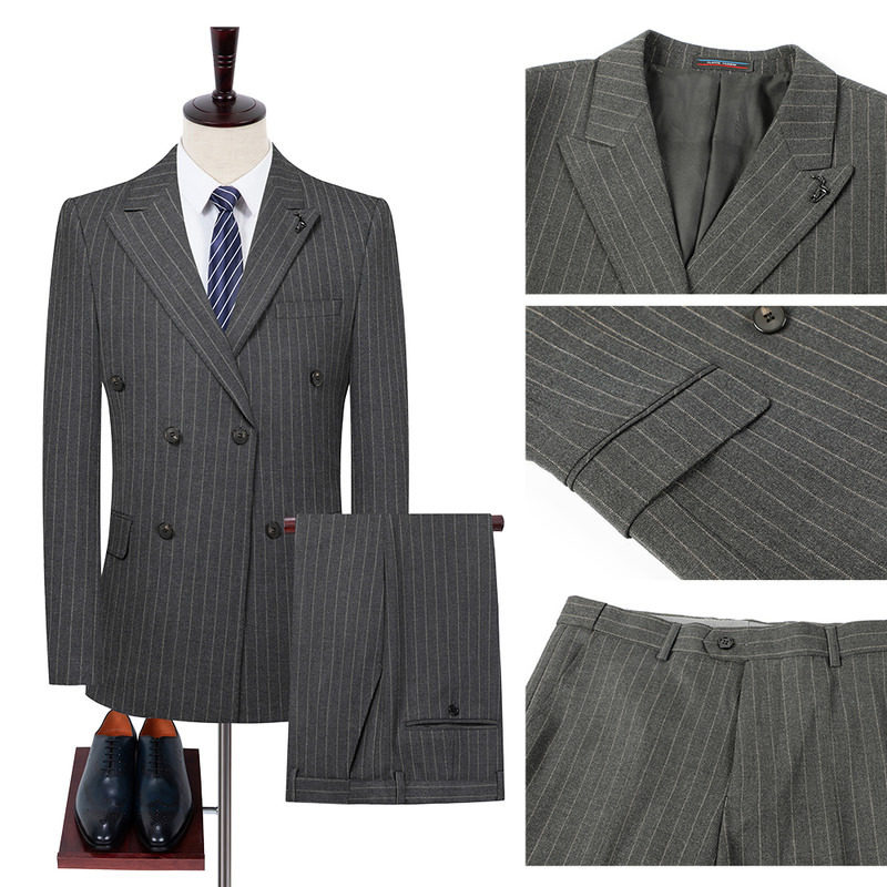 专柜双排扣西服套装男韩版修身商务伴郎服装绅士结婚礼服条纹正装
