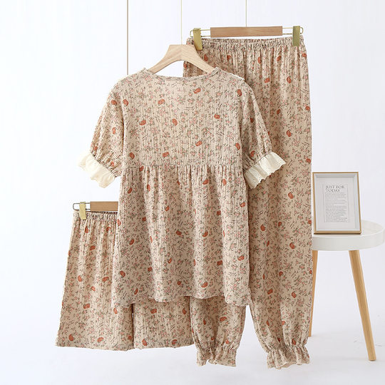 Women's Crepe Cotton Gauze Summer and Autumn Short-Sleeved Trousers Shorts Lace Retro Style Home Wear Pajamas Set Three-Piece Set
