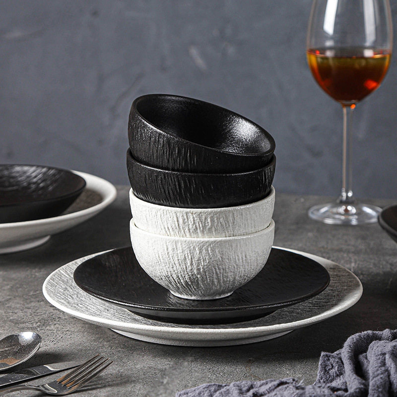 Vintage Rock Pattern Ceramic Western Food Plate Soup Plate Fish Plate Steak Dish Frosted Premium Black and White Tableware suit