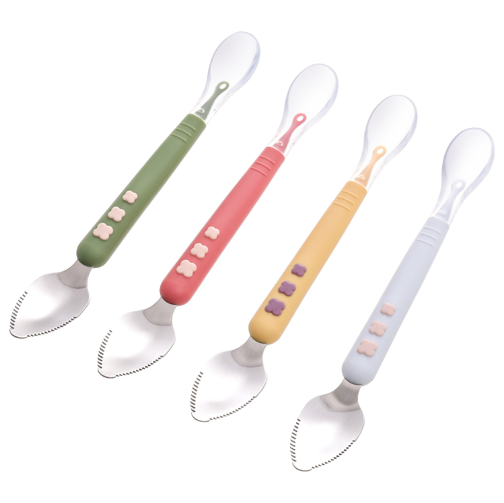 Baby double-headed fruit mud scraper 304 316 stainless steel fruit mud spoon silicone spoon with storage box food supplement spoon