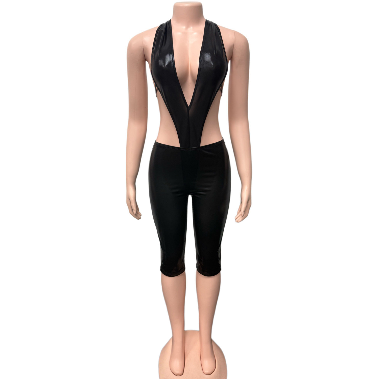 欧美跨境2025新款女装性感深V冰丝料挂脖露背紧身五分长裤两件套