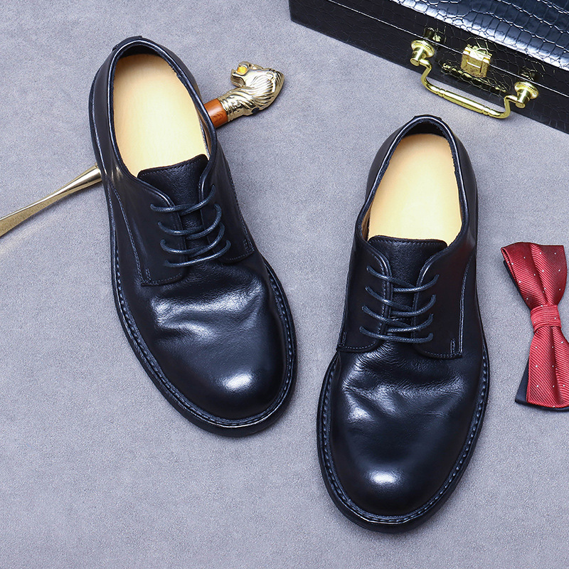 Giày Derby nam da bò thật mũi tròn đế da khâu tay Goodyear — Màu đen
