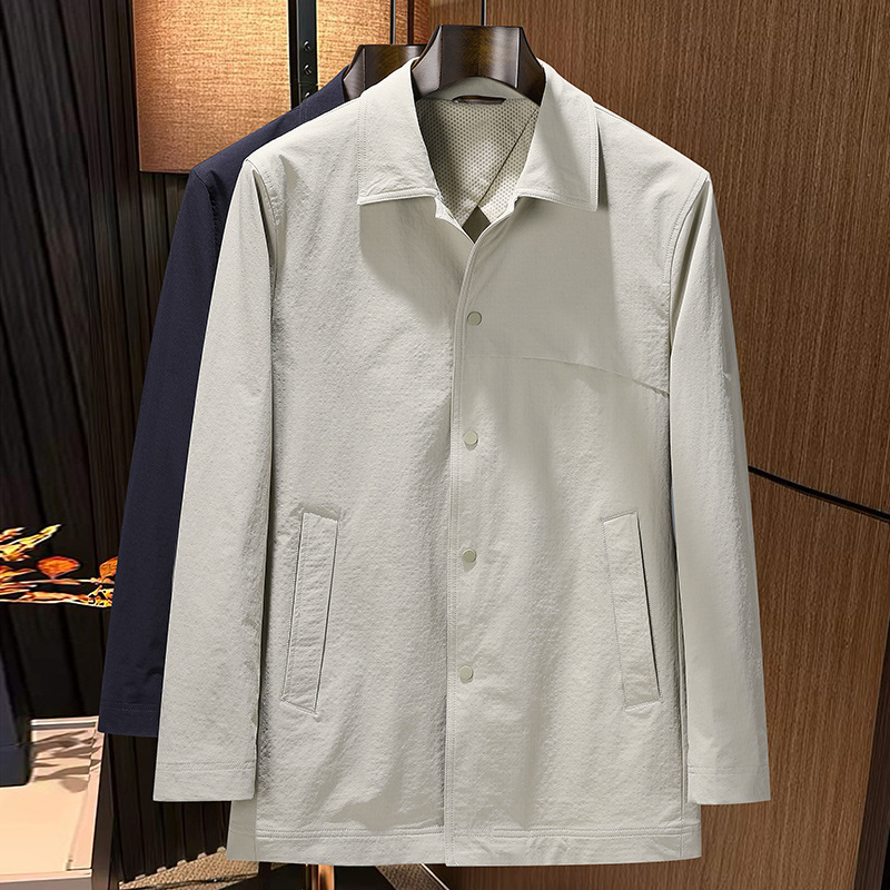 Áo khoác măng tô nam dáng lửng chất liệu lụa sữa pha nylon co giãn, phong cách công sở và thường ngày — Màu be, Xanh tím than