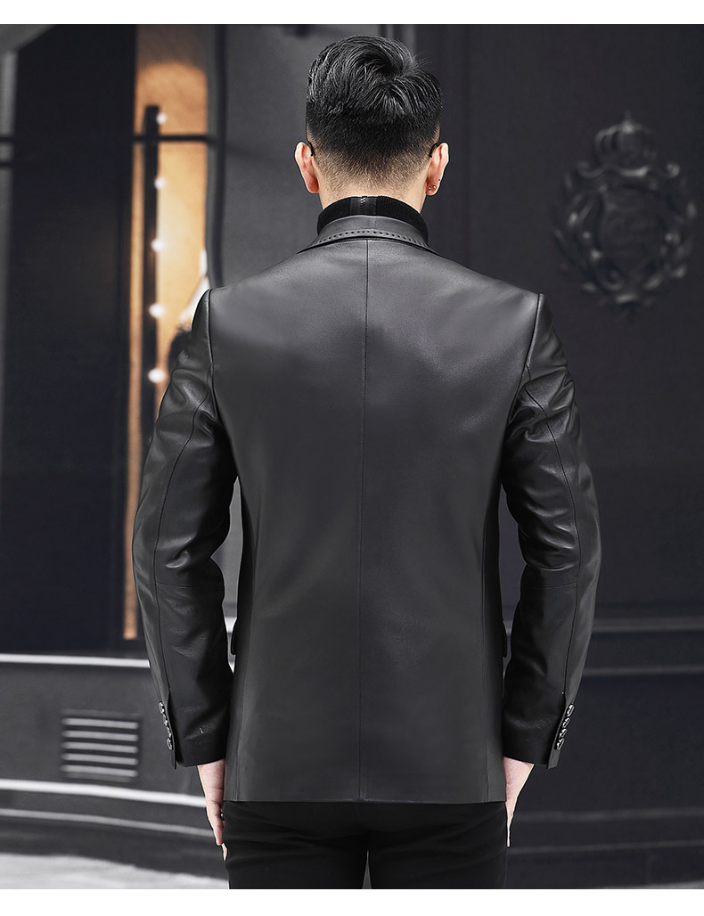 Áo khoác da cừu nam dáng vest cổ áo vest phong cách công sở — Màu đen