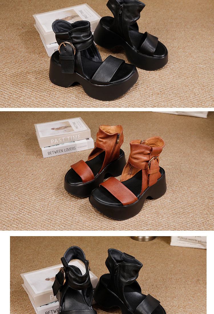 Sandal nữ mũi hở đế dày da bò thật phong cách cổ điển — màu đen, Màu nâu