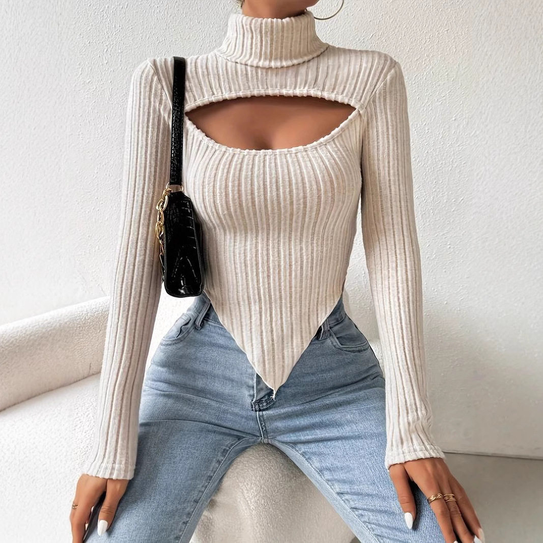 Womens Knit Crop Top Sexy Hollow Design Irregular Hem Long Sleeve Spring Summer Fashion Wholesale Available