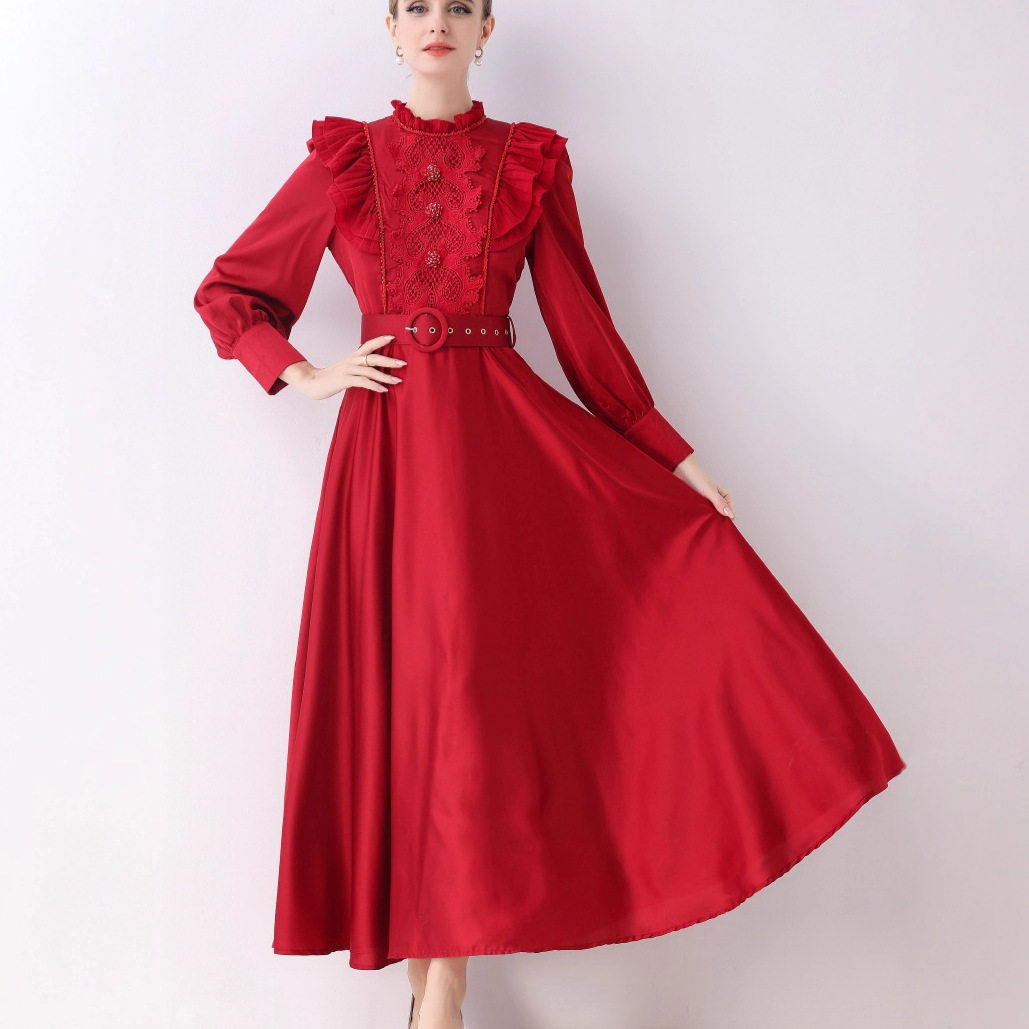 French Elegant Lace Panel Ruffled Hem Maxi Dress for Women Satin Fabric Waist Defining Flattering Fit Evening Wear