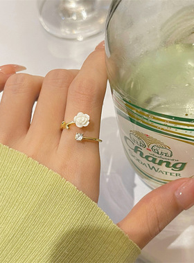 温柔气质山茶花朵戒指女锆石韩国网红时尚个性开口食指戒指环A80