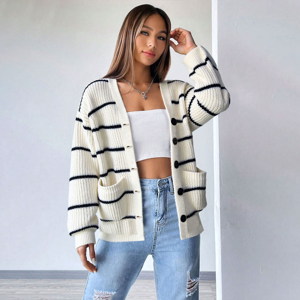 Womens Loose Fit Striped Knit Cardigan V Neck Long Sleeve Soft Fabric Spring Summer Fashion Wholesale Available