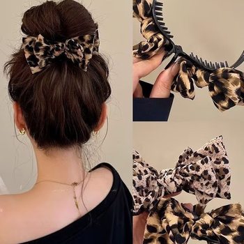 Retro Leopard Print Bow Ball Head Clip for Women, High-End 2025 New Hairpin, Flower Head Jewelry on the Back of the Head