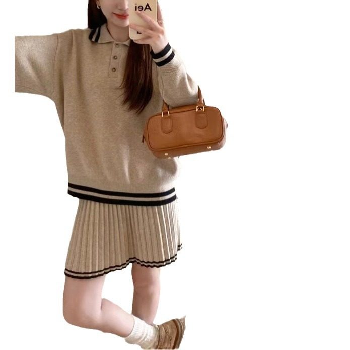 Sweet Elegant Polo Collar Loose Slim Knitted Sweater Women's College Style Autumn New Pleated Skirt Two-Piece Set