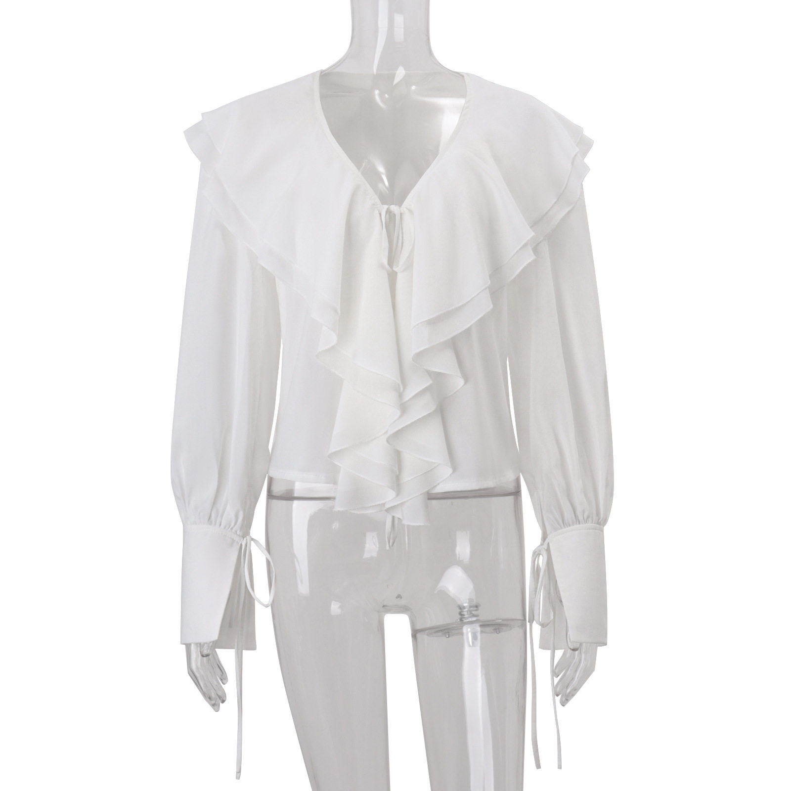 Chiffon Cardigan Top Ruffled Hem Lantern Sleeves Stylish Elegant Autumn Fashion for Women Wholesale Available