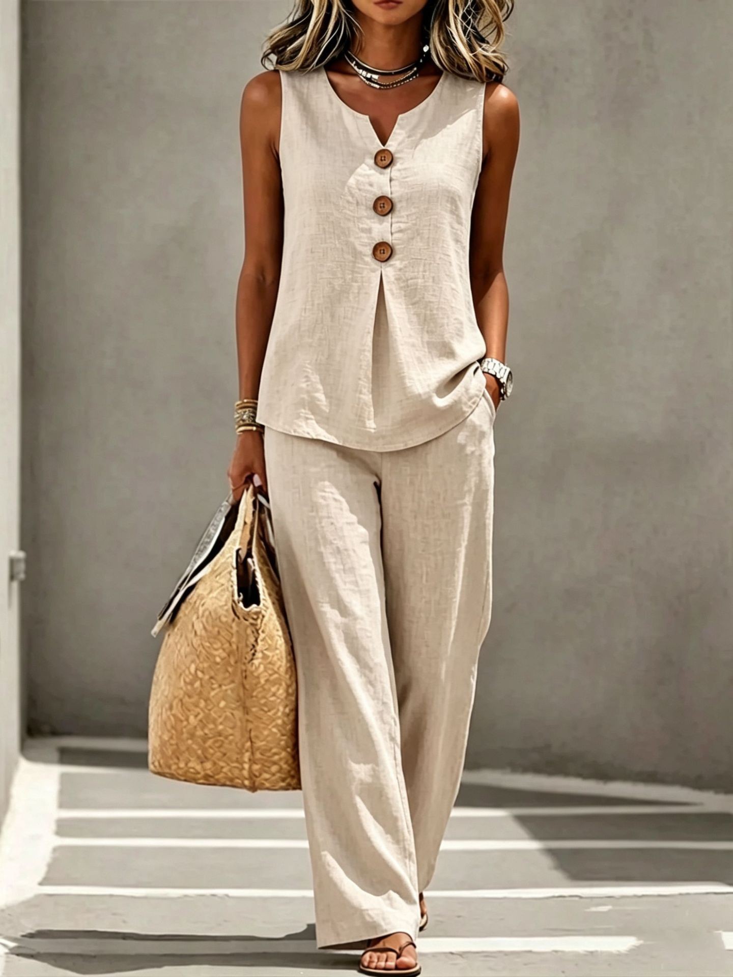 Sleeveless Button Up Top and Long Pants Set Comfortable Solid Color Summer Style Womens Casual Wear Wholesale