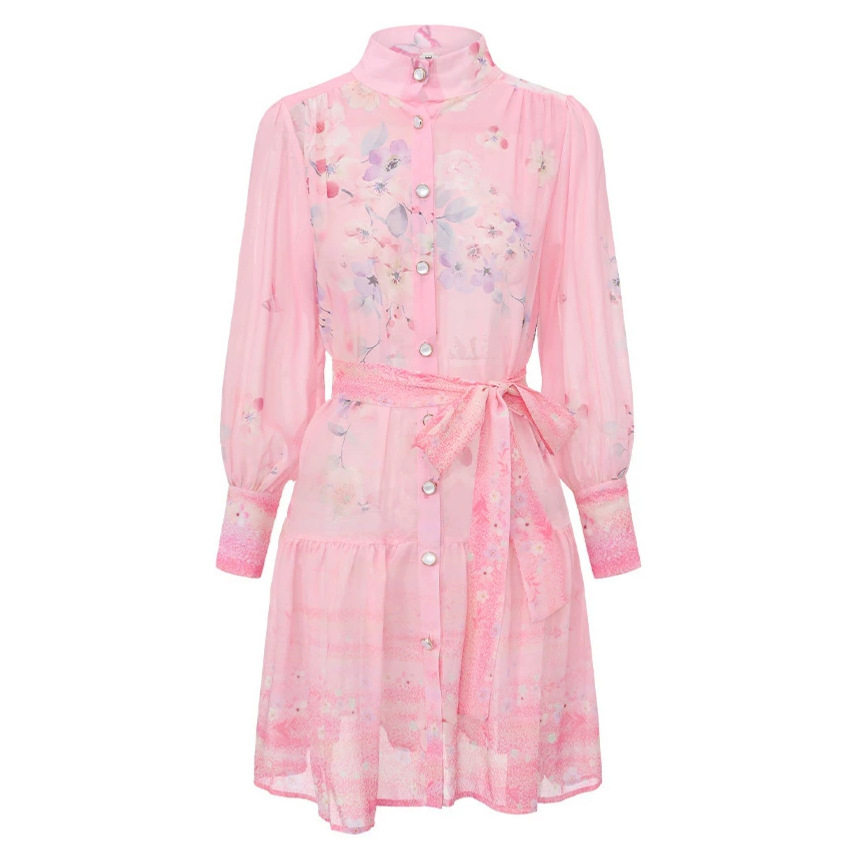 Vintage Floral Print Lantern Sleeve Dress for Women Soft and Elegant Waist Tie Ruffled Hem Mid Length Perfect for