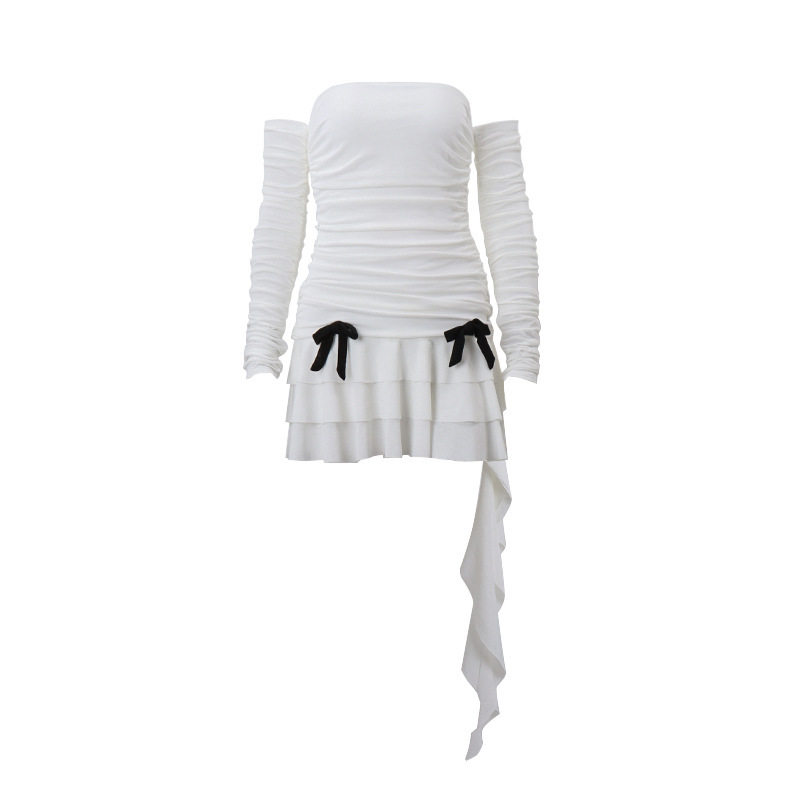 Off Shoulder Ruffled Long Sleeve Dress Sexy Pleated Elegant Autumn Fashion for Women Wholesale Available