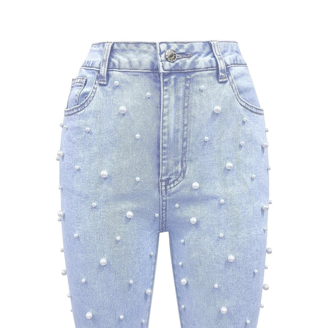 Womens Stretchy Flared Pearl Studded Denim Jeans Versatile Casual Style Perfect for Everyday Wear Wholesale Available
