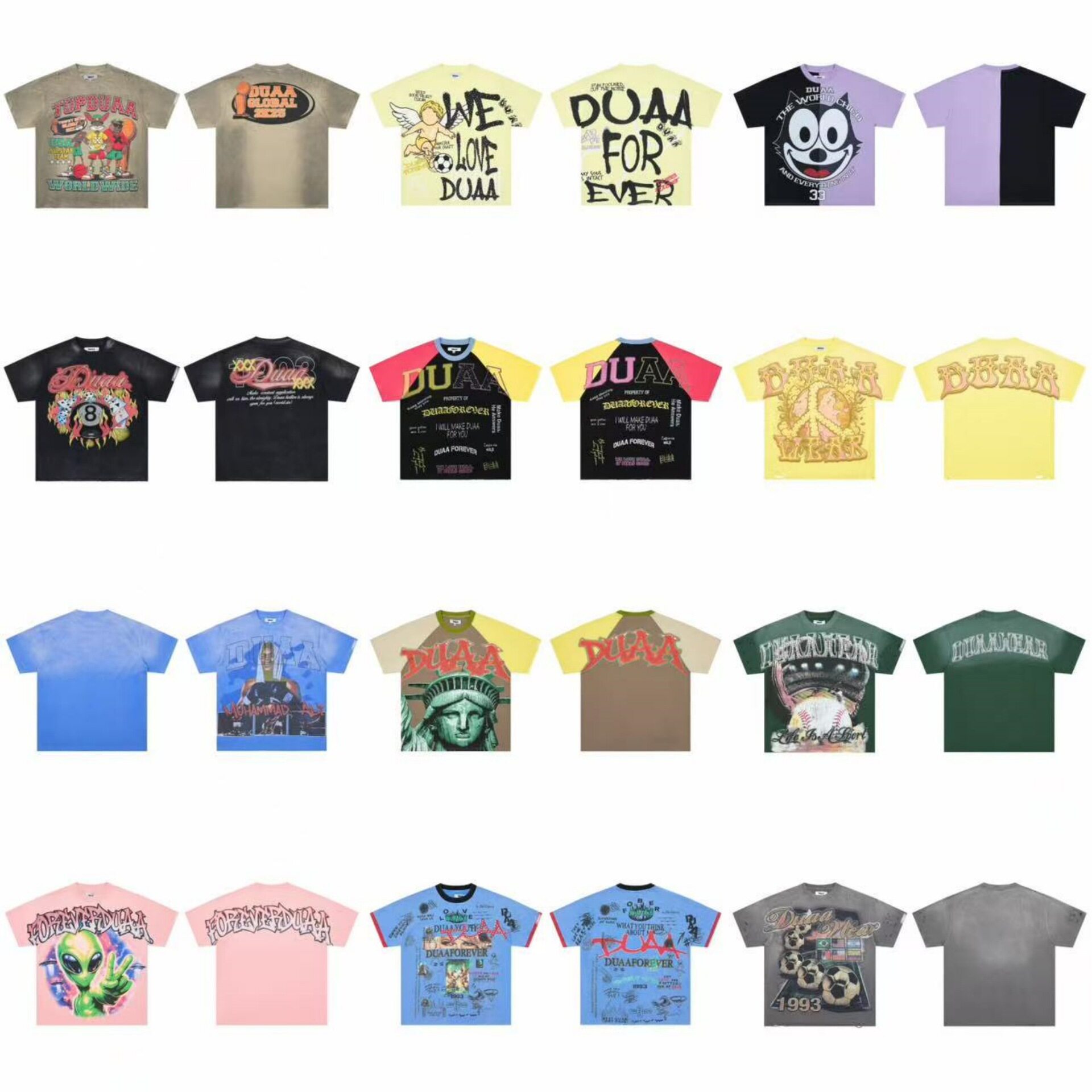 เสื้อยืด DUAA Risk 2026SS แบรนด์แฟชั่นยุโรป-อเมริกัน ผ้าขาวพิมพ์หมึกตรง ประดับพลอยเทียม ผ้าวอช แต่งขาดแต่งเซาะ แขนสั้น