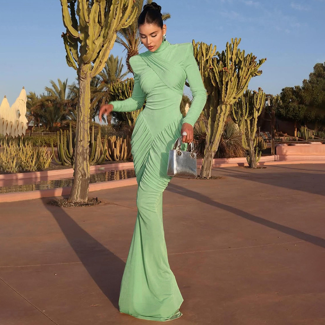 High Neck Long Sleeve Bodycon Dress Solid Color Ruffled Design Elegant Style Autumn Winter Fashion Wholesale
