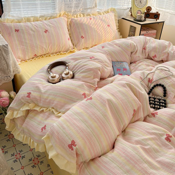 Category a Maternal and Infant Grade Pure Cotton Lace Four-Piece Set Ins Small Fresh Cotton Double-Layer Yarn Student Dormitory Three-Piece Bedding Set