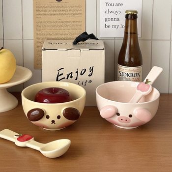 Cute Cartoon Ceramic Bowl High Beauty Value Household Soup Bowl Salah Bowl Couple's Rice Bowl with Spoon Tableware Set Couple's Style