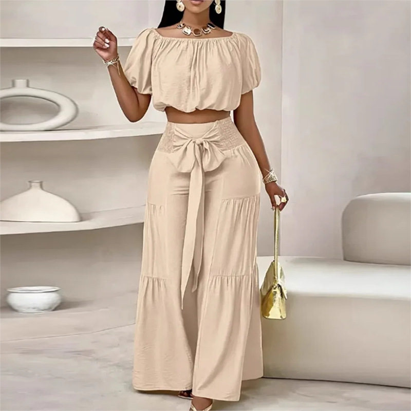 Womens Summer Outfit Set Fashionable Casual Style Solid Color Puff Sleeve Top Wide Leg Pants Wholesale Available