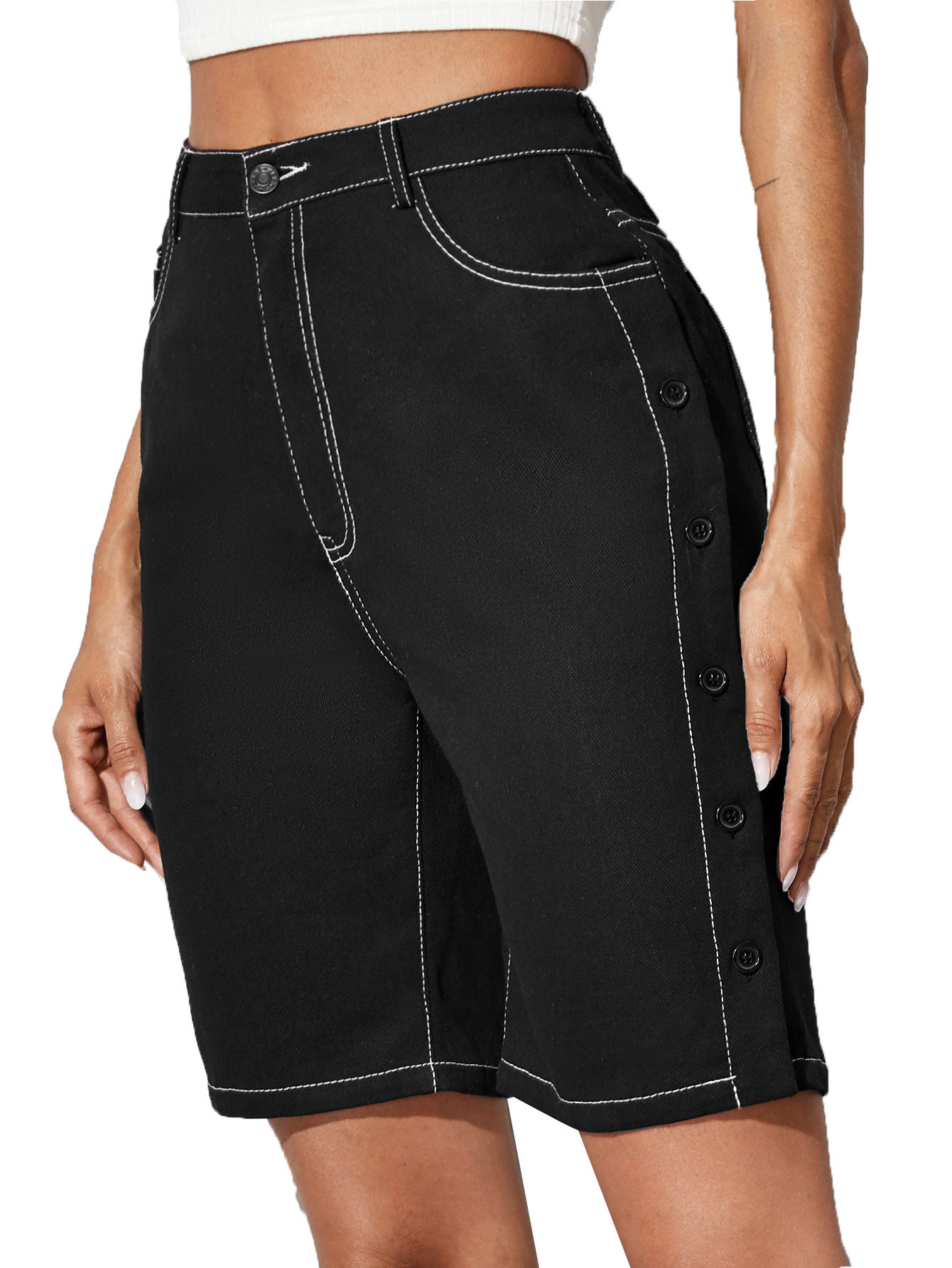 High Waisted Denim Shorts Button Detail Straight Cut Fashionable Spring Summer Casual Wear Wholesale Available