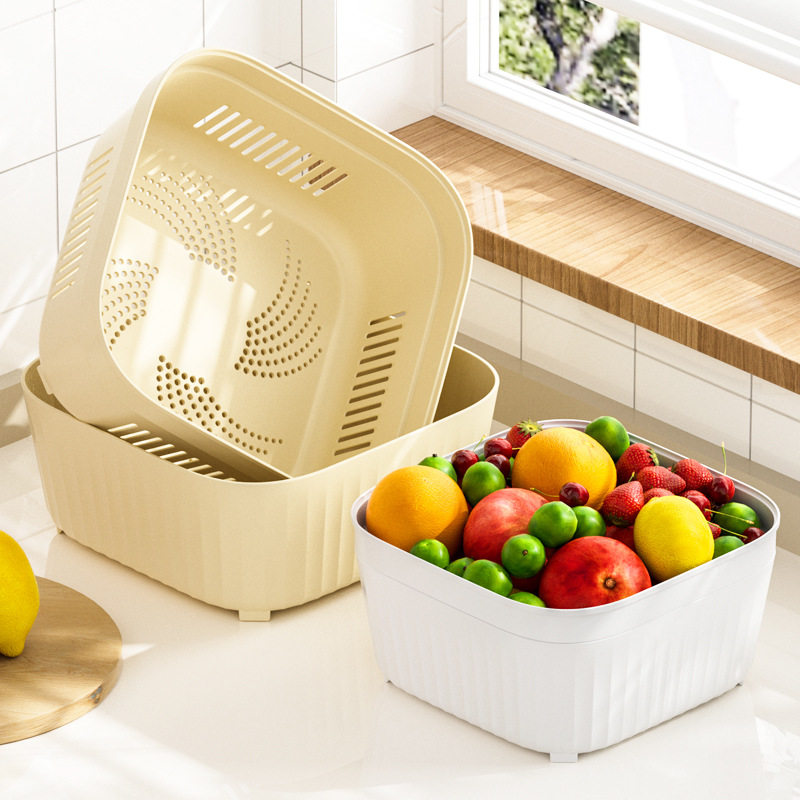 New Double-Layer Drain Basket Kitchen Fruit Washing Drain Basin Multi-Functional Vegetable Washing Basket Household Drain Bowl Vegetable Washing Basin