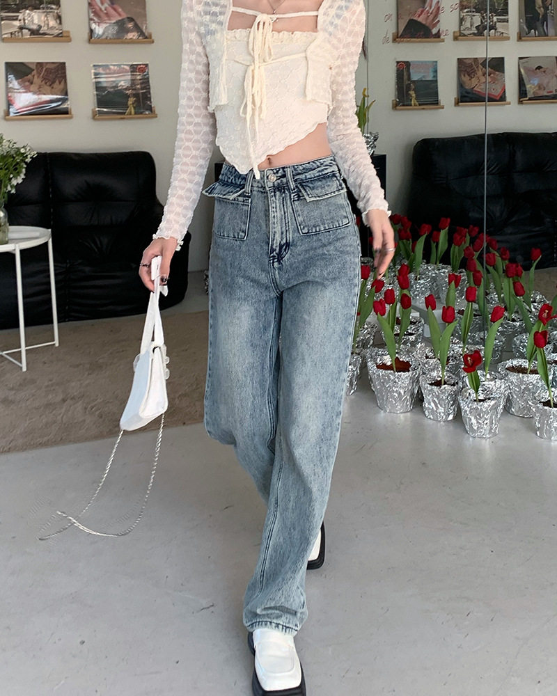 High Waisted Womens Jeans Slim Fit Versatile Korean Style Casual Spring and Autumn Wear Wholesale Available