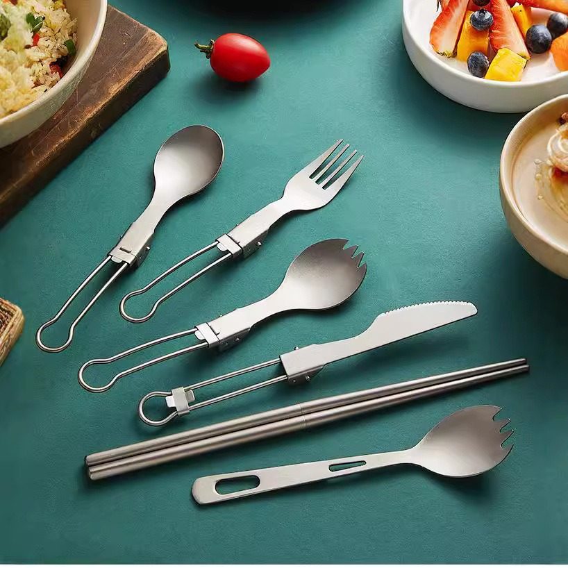 Outdoor Pure Titanium Folding Spoon Fork Chopsticks suit Camping Portable Titanium Tableware Soup Spoon Fork Titanium Metal Chopsticks Spoon Fork