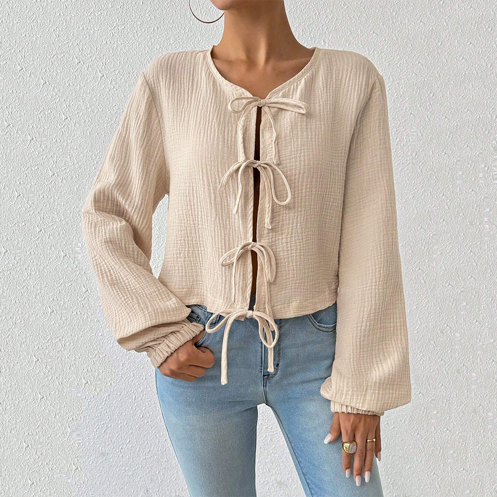 Elegant Womens T Shirt Loose Fit Short Length Tie Front Design Autumn Winter Casual Wear Wholesale Available