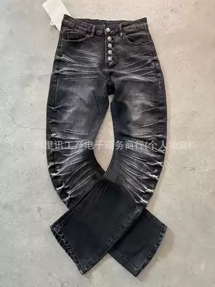 Cross-Border Ice Black Crack Washed Three-Dimensional Pants Scimitar Version Medium Bullet Matte Black American Jeans for Men and Women High Street