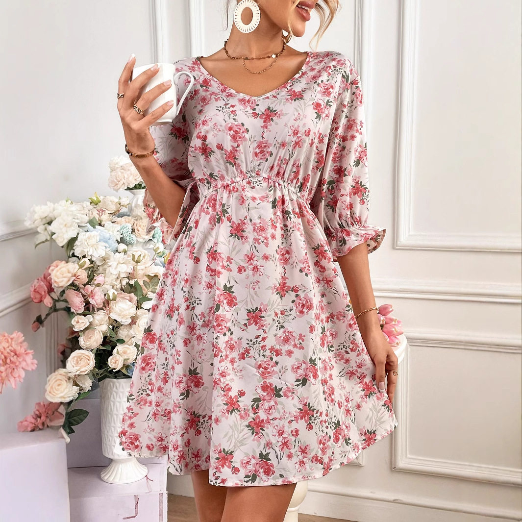 Floral Print Womens Dress Spring Ruffled Trim Tie Waist Color Block Design Casual Wear Wholesale Available