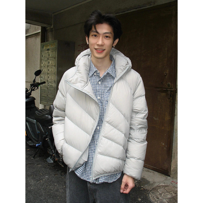 Lightweight Ribbed Hooded down Jacket for Men, Winter Thickened, Warm, Loose Fit, 50% Down, Diagonal Zipper, Deconstructed Design