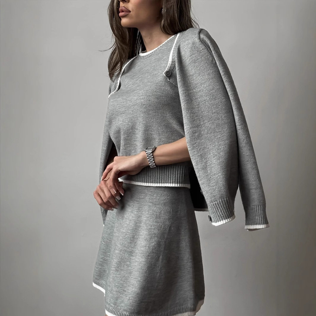 Color Block Knit Top and Mini Skirt Set Womens Spring Fall Fashion Chic Style for Casual Outings Wholesale Available