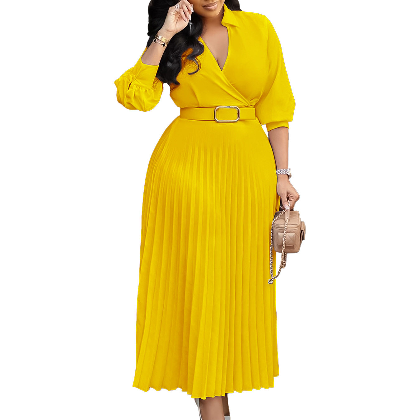 V Neck Long Sleeve Pleated Dress Solid Color Flowy Skirt Fashionable Design Spring Summer Wear Wholesale Available