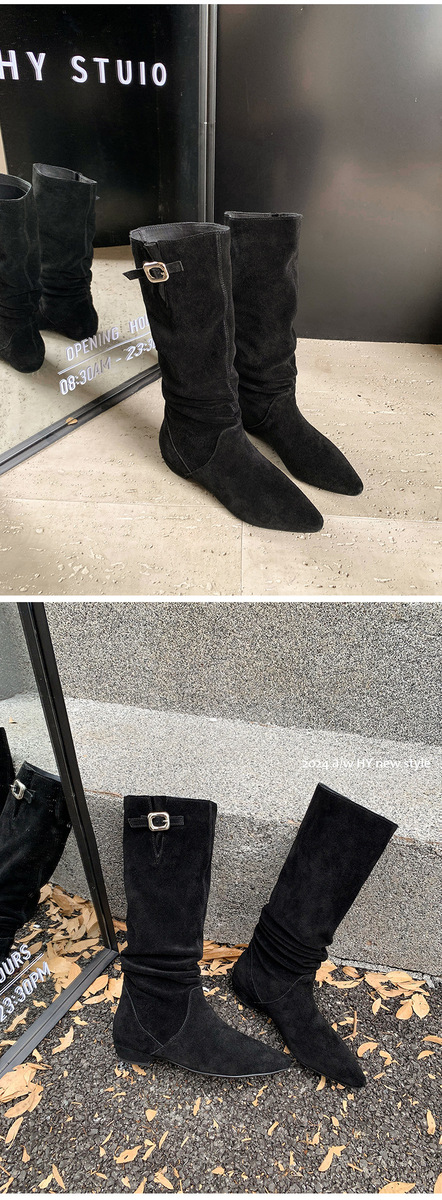Boot nữ cổ cao mũi nhọn da lộn bò phong cách cổ điển gót thấp — Lớp lót đơn màu đen, Lớp lót đơn màu nâu, Lớp lót đơn màu xám, Lót nhung đen