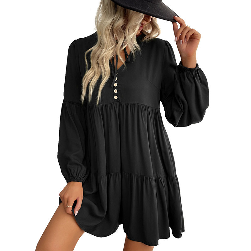 Short Loose V Neck Dress Wrinkled Design Solid Color Minimalist Style Autumn Fashion Wholesale Available
