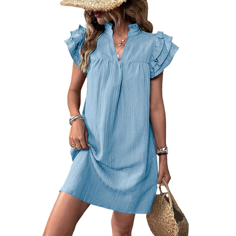 Summer Casual Loose Straight Dress Stand Collar Solid Color Comfortable Fabric Vacation Wear Wholesale Available