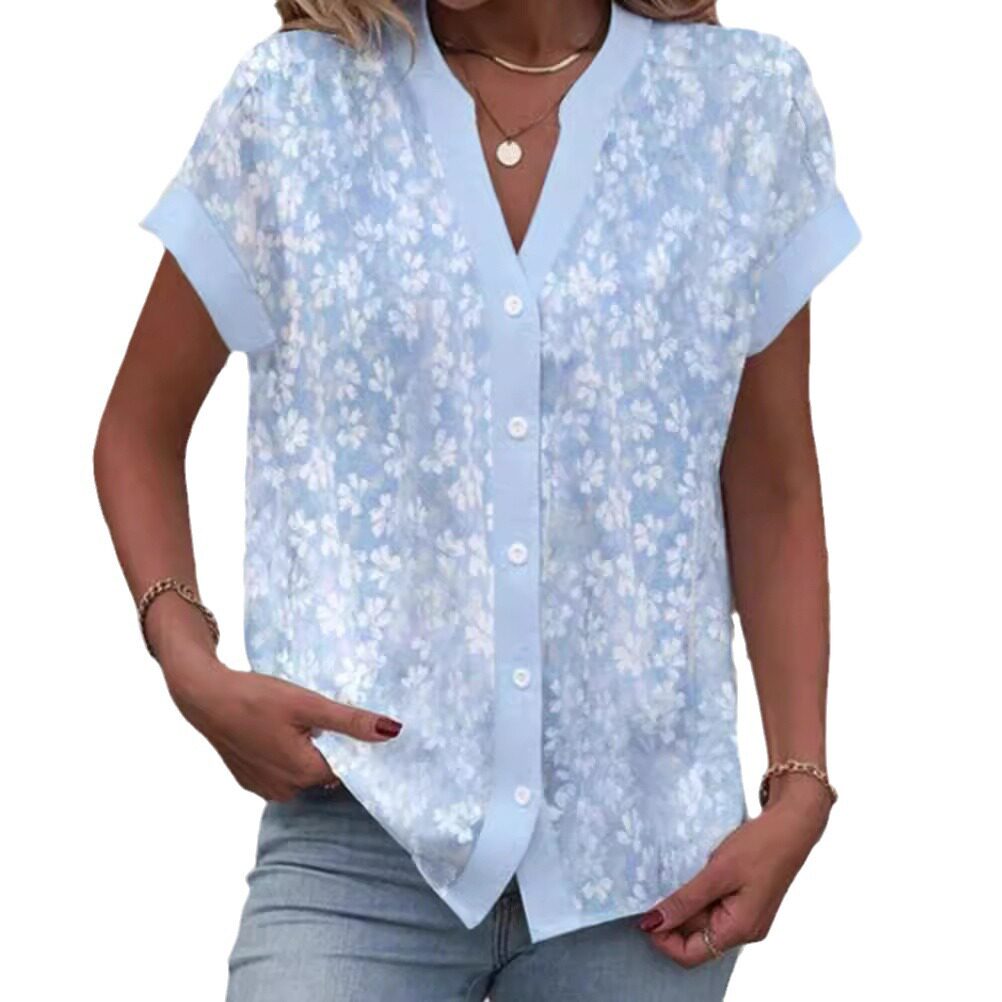 Summer Floral Print V Neck Short Sleeve Button Top for Women Trendy Design Comfortable Fabric Versatile Style