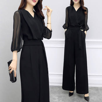Spring and Summer new high waist casual jumpsuit black three-quarter sleeve slim slimming temperament wide leg jumpsuit suit women