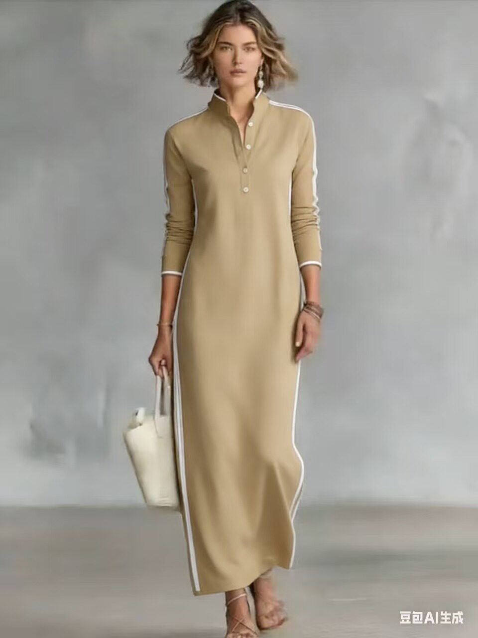 2026跨境外贸速卖通新款女士阿拉伯风格简约纽扣领长袖长款连衣裙