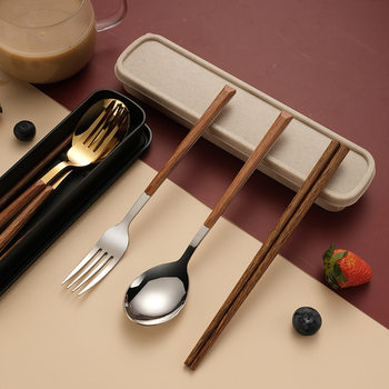 Nordic Creative Stainless Steel Wooden Handle Spoon Fork Chopsticks Tableware Three-piece Adult Student Travel Outdoor Portable Set